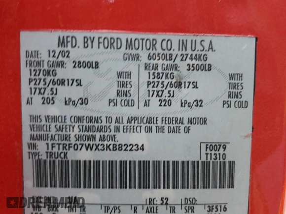 2003 Ford F-150 XL с VIN 1FTRF07WX3KB82234, выставлен на аукционе Copart как лот 43470425 с пробегом 147 129 миль миль и Списание • Salvage title. История ставок и продаж доступна на DreamBid. Изображение 12.