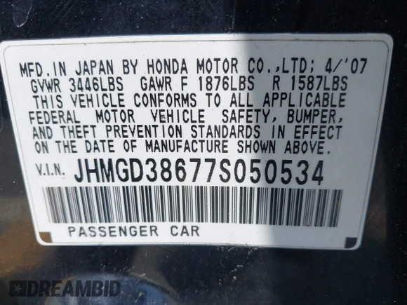 2007 Honda Fit Sport with VIN JHMGD38677S050534, listed as a IAAI auction lot 42382491 with 157,246 mi miles and . Bid and sale history available at DreamBid. Image 9.