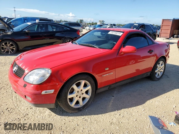 2000 Mercedes-Benz SLK-Class Kompressor with VIN WDBKK47F2YF161123, listed as a Copart auction lot 74316614 with 95,071 mi miles and Salvage Title. Bid and sale history available at carsss.com. Image 1.