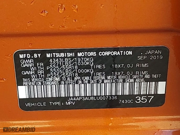 2020 Mitsubishi Outlander Sport ES 2.0 with VIN JA4AP3AU8LU007336, listed as a IAAI auction lot 41673979 with 70,018 mi miles. Bid and sale history available at carsss.com. Image 9.