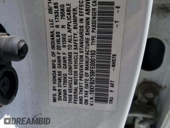 2015 Honda Civic Sedan LX with VIN 19XFB2F59FE000193, listed as a Copart auction lot 54250575 with 154,934 mi miles and Salvage Title. Bid and sale history available at carsss.com. Image 12.