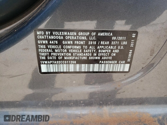 2012 Volkswagen Passat S w/Appearance with VIN 1VWAP7A32CC011258, listed as a Copart auction lot 78273454 with 156,014 mi miles and Salvage Title. Bid and sale history available at carsss.com. Image 12.