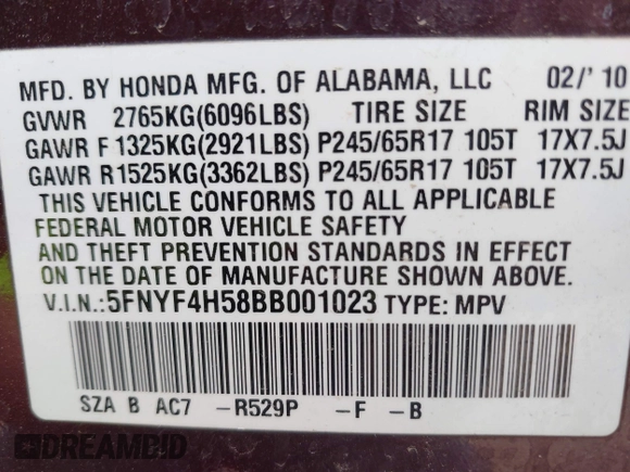 2011 Honda Pilot EX-L with VIN 5FNYF4H58BB001023, listed as a IAAI auction lot 42081793 with 171,062 mi miles and . Bid and sale history available at carsss.com. Image 9.