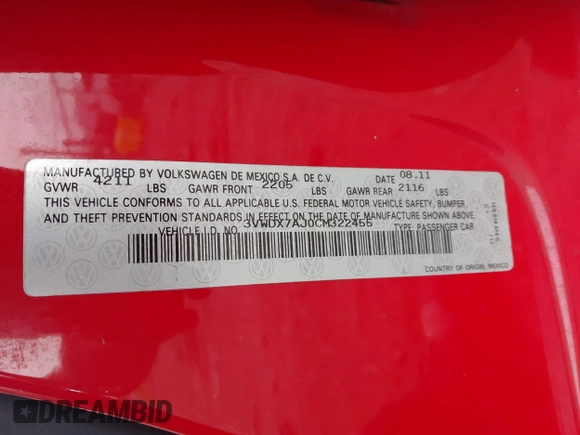 2012 Volkswagen Jetta SE with VIN 3VWDX7AJ0CM322455, listed as a IAAI auction lot 42279027 with 121,214 mi miles and . Bid and sale history available at DreamBid. Image 9.