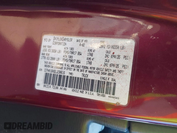 2002 Dodge 1500 with VIN 1D7HA16N92J230616, listed as a IAAI auction lot 41502283 with 242,035 mi miles and . Bid and sale history available at DreamBid. Image 9.