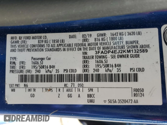 2019 Ford Fiesta SE with VIN 3FADP4EJ2KM132589, listed as a Copart auction lot 87682735 with 90,405 mi miles and Clean Title. Bid and sale history available at DreamBid. Image 12.