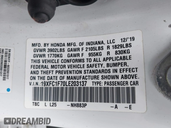 2020 Honda Civic EX-L with VIN 19XFC1F70LE203137, listed as a IAAI auction lot 42028424 with 87,011 mi miles and . Bid and sale history available at DreamBid. Image 9.