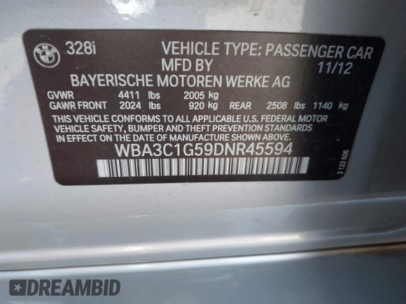 2013 BMW 3 Series 328i с VIN WBA3C1G59DNR45594, выставлен на аукционе IAAI как лот 42250547 с пробегом 183 452 миль миль и . История ставок и продаж доступна на DreamBid. Изображение 9.