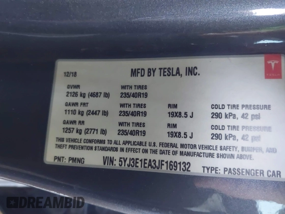2018 Tesla Model 3 Long Range Battery with VIN 5YJ3E1EA3JF169132, listed as a IAAI auction lot 41678383 with 170,809 mi miles and . Bid and sale history available at DreamBid. Image 9.