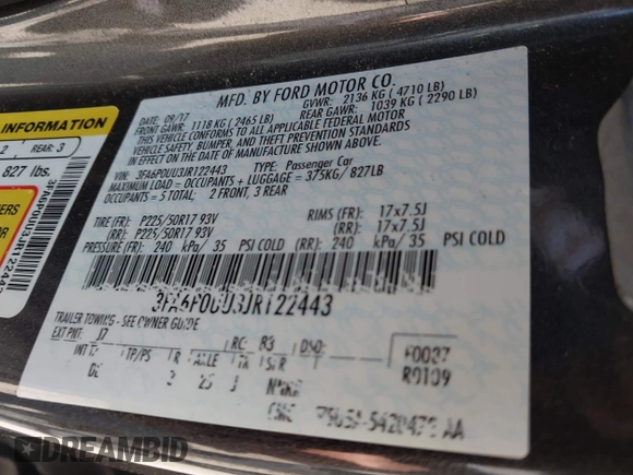 2018 Ford Fusion Hybrid S with VIN 3FA6P0UU3JR122443, listed as a IAAI auction lot 41898129 with 119,873 mi miles. Bid and sale history available at carsss.com. Image 9.
