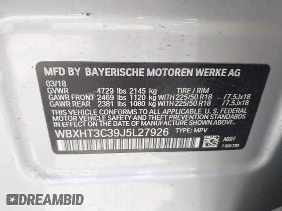 2018 BMW X1 xDrive28i with VIN WBXHT3C39J5L27926, listed as a IAAI auction lot 42582330 with 101,197 mi miles and . Bid and sale history available at DreamBid. Image 9.