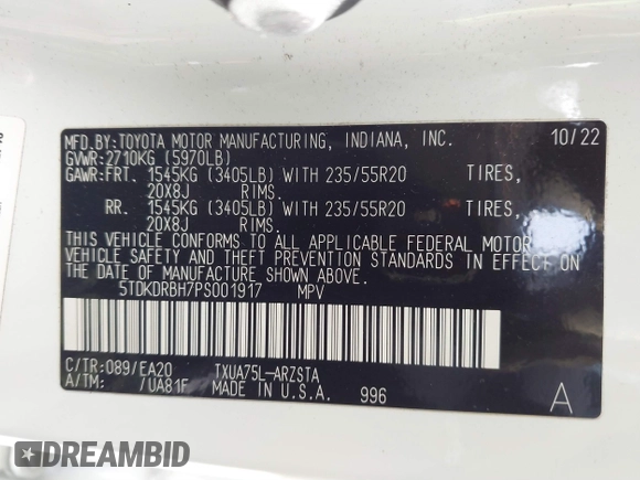 2023 Toyota Highlander L with VIN 5TDKDRBH7PS001917, listed as a IAAI auction lot 41619652 with 70,287 mi miles and . Bid and sale history available at DreamBid. Image 9.