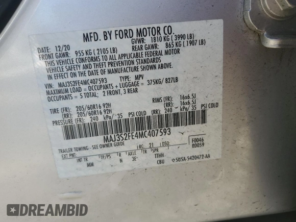2021 Ford EcoSport S with VIN MAJ3S2FE4MC407593, listed as a Copart auction lot 47454615 with 26,309 mi miles and Salvage Title. Bid and sale history available at DreamBid. Image 14.