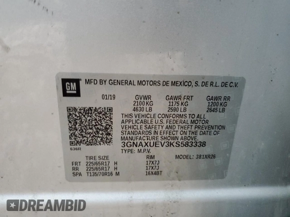 2019 Chevrolet Equinox LT z VIN 3GNAXUEV3KS583338, wystawiony jako Copart lot #57045125 z przebiegiem 90 815 mil mil oraz Czysty tytuł • Clean title. Historia ofert i sprzedaży dostępna na DreamBid. Obrazek 13.