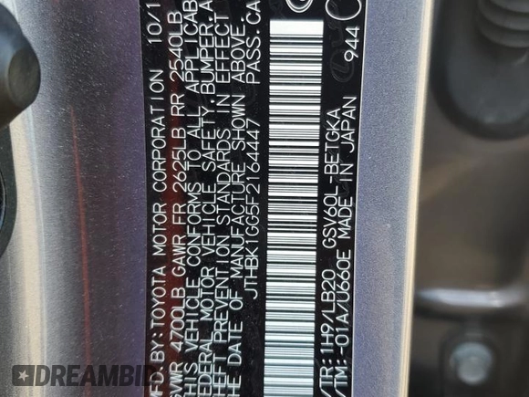 2015 Lexus ES 330 with VIN JTHBK1GG5F2164447, listed as a Copart auction lot 55078025 with 72,563 mi miles and Salvage Title. Bid and sale history available at DreamBid. Image 12.