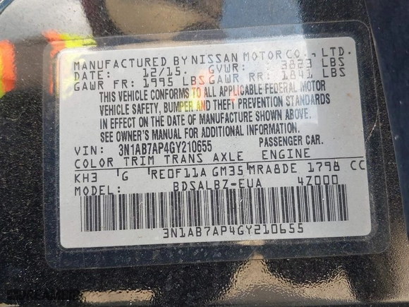 2016 Nissan Sentra S with VIN 3N1AB7AP4GY210655, listed as a IAAI auction lot 41946054 with 165,068 mi miles. Bid and sale history available at carsss.com. Image 9.