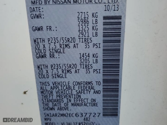 2014 Nissan Pathfinder Platinum with VIN 5N1AR2MN2EC637727, listed as a Copart auction lot 42625295 with NaN miles and Salvage Title. Bid and sale history available at carsss.com. Image 15.