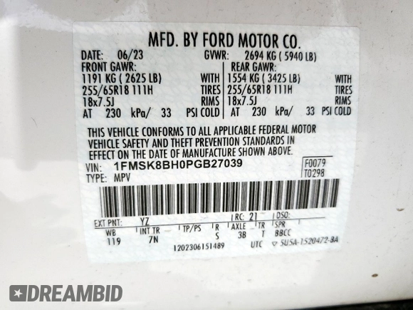 2023 Ford Explorer with VIN 1FMSK8BH0PGB27039, listed as a Copart auction lot 60856685 with 35,860 mi miles and Clean title. Bid and sale history available at DreamBid. Image 13.