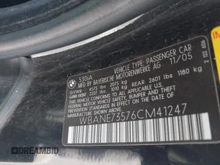 2006 BMW 5 Series 530i with VIN WBANE73576CM41247, listed as a IAAI auction lot 41912672 with Not Provided miles and . Bid and sale history available at carsss.com. Image 9.