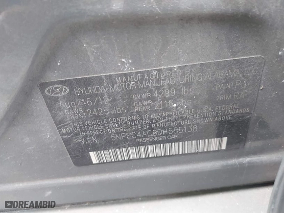 2013 Hyundai Sonata SE with VIN 5NPEC4AC6DH585138, listed as a IAAI auction lot 41716292 with 170,446 mi miles. Bid and sale history available at carsss.com. Image 9.