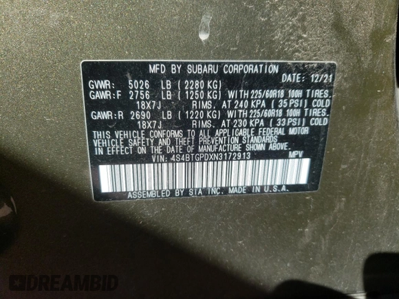 2022 Subaru Outback Touring XT with VIN 4S4BTGPDXN3172913, listed as a Copart auction lot 47364585 with 54,031 mi miles and Salvage title. Bid and sale history available at DreamBid. Image 15.
