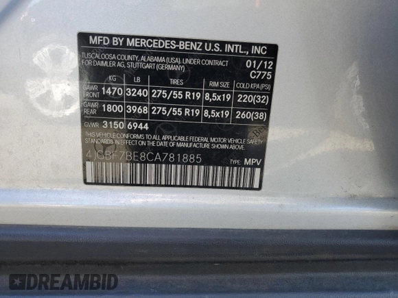 2012 Mercedes-Benz GL-Class GL 450 with VIN 4JGBF7BE8CA781885, listed as a Copart auction lot 75460994 with 135,033 mi miles and Salvage Title. Bid and sale history available at carsss.com. Image 14.