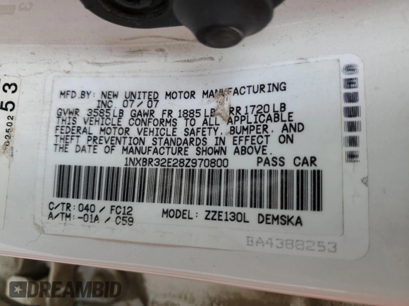 2008 Toyota Corolla CE with VIN 1NXBR32E28Z970800, listed as a Copart auction lot 54899475 with 261,297 mi miles and Clean Title. Bid and sale history available at DreamBid. Image 12.