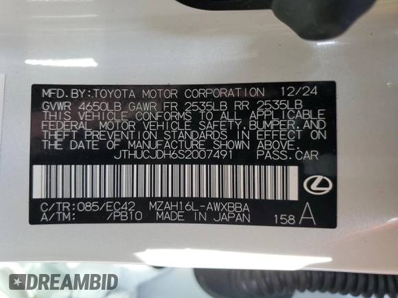 2025 Lexus UX with VIN JTHUCJDH6S2007491, listed as a Copart auction lot 52997175 with 1,042 mi miles and Salvage Title. Bid and sale history available at carsss.com. Image 15.