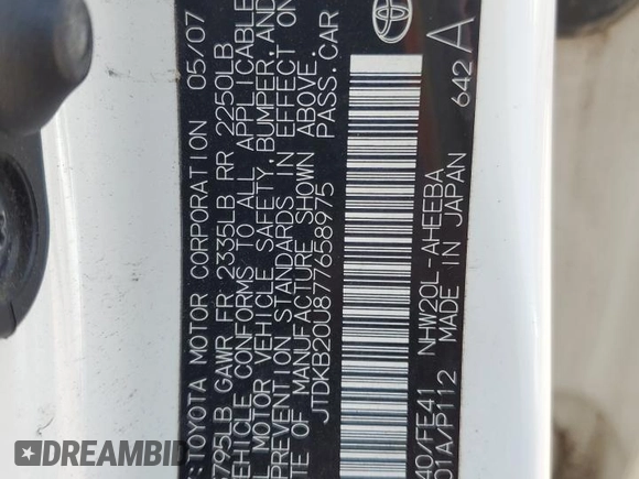 2007 Toyota Prius with VIN JTDKB20U877658975, listed as a Copart auction lot 59971395 with 155,707 mi miles and Salvage title. Bid and sale history available at DreamBid. Image 13.