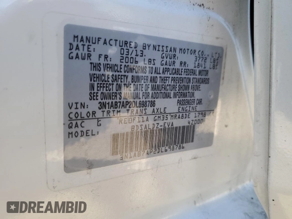 2013 Nissan Sentra S with VIN 3N1AB7AP2DL698786, listed as a Copart auction lot 54260425 with 108,433 mi miles and Salvage Title. Bid and sale history available at DreamBid. Image 12.