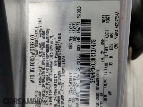 2011 Ford Fusion SPORT with VIN 3FAHP0KC3BR137478, listed as a Copart auction lot 42994325 with 148,032 mi miles and Salvage Title. Bid and sale history available at carsss.com. Image 14.