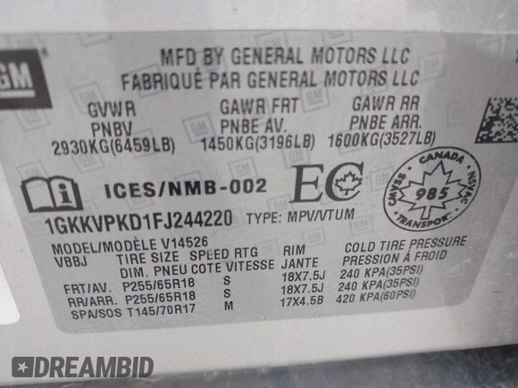 2015 GMC Acadia SLE with VIN 1GKKVPKD1FJ244220, listed as a IAAI auction lot 42292791 with Not provided miles and . Bid and sale history available at DreamBid. Image 9.