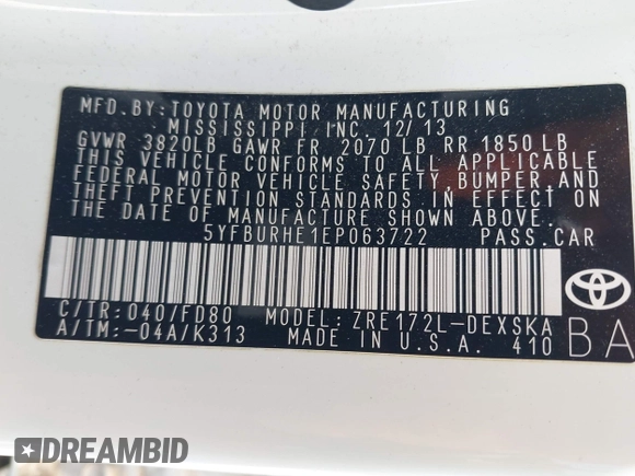 2014 Toyota Corolla L with VIN 5YFBURHE1EP063722, listed as a IAAI auction lot 42161425 with 148,227 mi miles and . Bid and sale history available at DreamBid. Image 9.