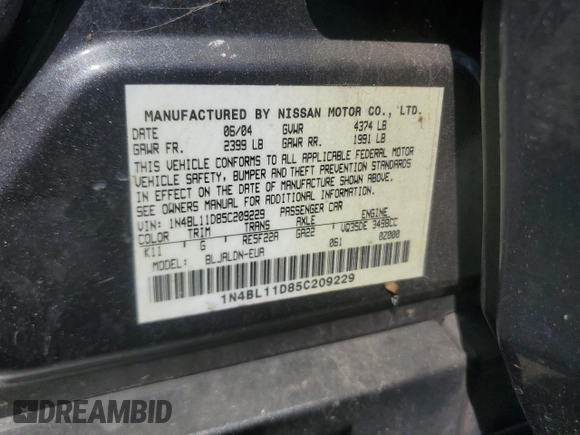 2005 Nissan Altima SE z VIN 1N4BL11D85C209229, wystawiony jako Copart lot #52391285 z przebiegiem 164 231 mil mil oraz Szkoda całkowita • Salvage title. Historia ofert i sprzedaży dostępna na DreamBid. Obrazek 12.