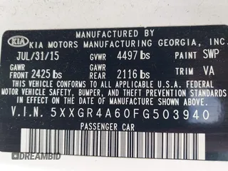 2015 Kia Optima SX Turbo with VIN 5XXGR4A60FG503940, listed as a IAAI auction lot 41944773 with 214,914 mi miles. Bid and sale history available at carsss.com. Image 9.