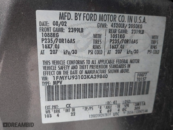 2003 Ford Escape XLT Popular 2 with VIN 1FMYU93103KA39840, listed as a IAAI auction lot 41966605 with 141,321 mi miles. Bid and sale history available at carsss.com. Image 9.