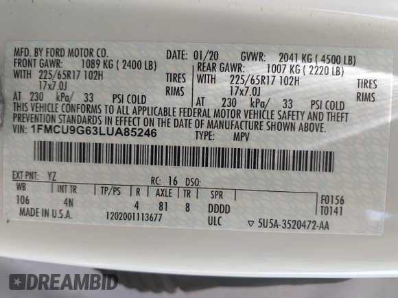 2020 Ford Escape SE z VIN 1FMCU9G63LUA85246, wystawiony jako IAAI lot #42414015 z przebiegiem 54 578 mil mil oraz . Historia ofert i sprzedaży dostępna na DreamBid. Obrazek 9.