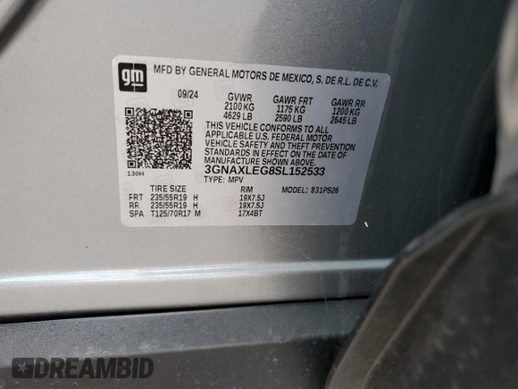 2025 Chevrolet Equinox FWD RS with VIN 3GNAXLEG8SL152533, listed as a Copart auction lot 51916695 with 2,697 mi miles and Salvage title. Bid and sale history available at DreamBid. Image 13.