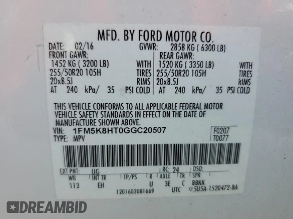 2016 Ford Explorer Platinum with VIN 1FM5K8HT0GGC20507, listed as a Copart auction lot 62816195 with 96,763 mi miles and Salvage title. Bid and sale history available at DreamBid. Image 14.
