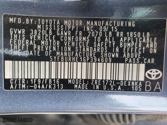 2016 Toyota Corolla L with VIN 5YFBURHE1GP394609, listed as a Copart auction lot 47928975 with 188,291 mi miles and Salvage Title. Bid and sale history available at carsss.com. Image 12.