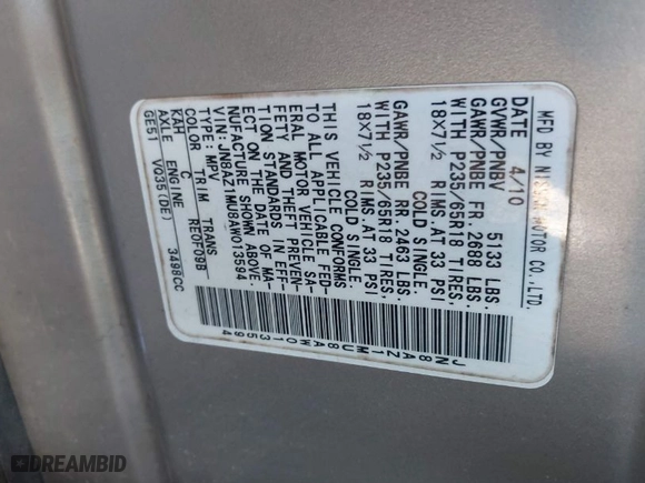 2010 Nissan Murano S with VIN JN8AZ1MU8AW013594, listed as a IAAI auction lot 41759377 with 109,272 mi miles. Bid and sale history available at carsss.com. Image 9.