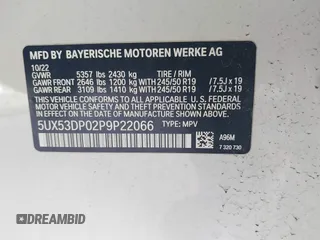 2023 BMW X3 xDrive30i with VIN 5UX53DP02P9P22066, listed as a IAAI auction lot 41843127 with 22,960 mi miles and . Bid and sale history available at DreamBid. Image 9.