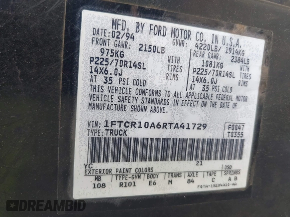 1994 Ford Ranger Splash с VIN 1FTCR10A6RTA41729, выставлен на аукционе IAAI как лот 42804097 с пробегом 66 238 миль миль и . История ставок и продаж доступна на DreamBid. Изображение 9.