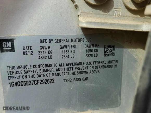 2012 Buick LaCrosse Leather with VIN 1G4GC5E37CF292622, listed as a Copart auction lot 48160615 with 85,426 mi miles and Salvage Title. Bid and sale history available at carsss.com. Image 12.