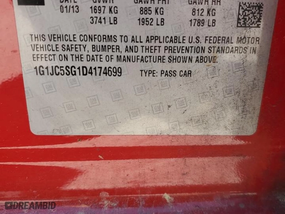 2013 Chevrolet Sonic LT with VIN 1G1JC5SG1D4174699, listed as a Copart auction lot 53293325 with 193,438 mi miles and Clean Title. Bid and sale history available at carsss.com. Image 12.