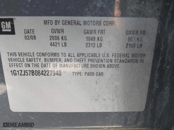 2008 Chevrolet Malibu LT w/2LT with VIN 1G1ZJ57B084227940, listed as a IAAI auction lot 41756865 with 194,043 mi miles. Bid and sale history available at carsss.com. Image 9.
