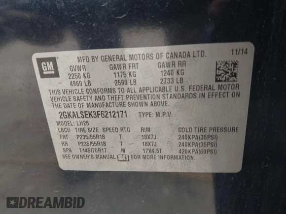 2015 GMC Terrain SLT with VIN 2GKALSEK3F6212171, listed as a IAAI auction lot 41761001 with 128,346 mi miles. Bid and sale history available at carsss.com. Image 9.