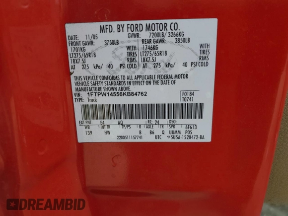 2006 Ford F-150 XLT with VIN 1FTPW14556KB84762, listed as a Copart auction lot 59753685 with 219,242 mi miles and Salvage title. Bid and sale history available at DreamBid. Image 13.