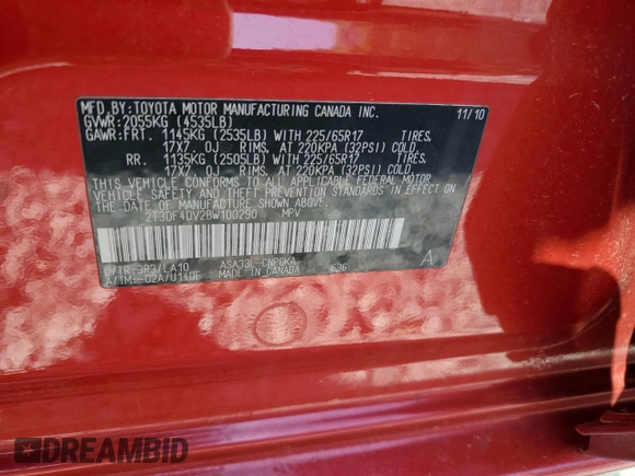 2011 Toyota RAV4 Limited with VIN 2T3DF4DV2BW100290, listed as a Copart auction lot 59390485 with 124,985 mi miles and Clean title. Bid and sale history available at DreamBid. Image 13.
