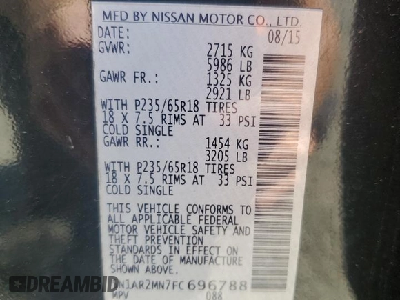 2015 Nissan Pathfinder Platinum with VIN 5N1AR2MN7FC696788, listed as a Copart auction lot 53426315 with 143,350 mi miles and Salvage Title. Bid and sale history available at DreamBid. Image 14.